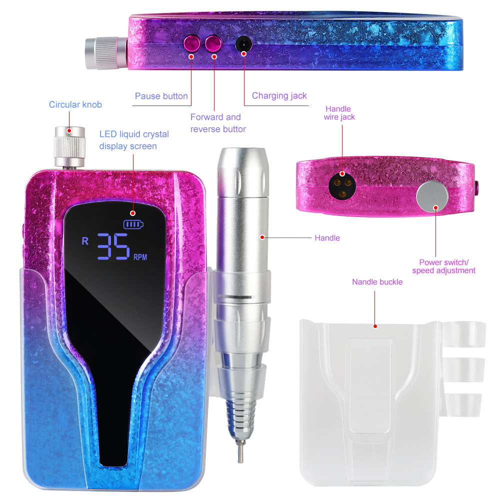 Professional Electric Nail Drill, 45000 RPM Cordless Rechargeable E-File Machine, With 12 Bits, Sanding Bands, LCD Display For Acrylic Gel Nails