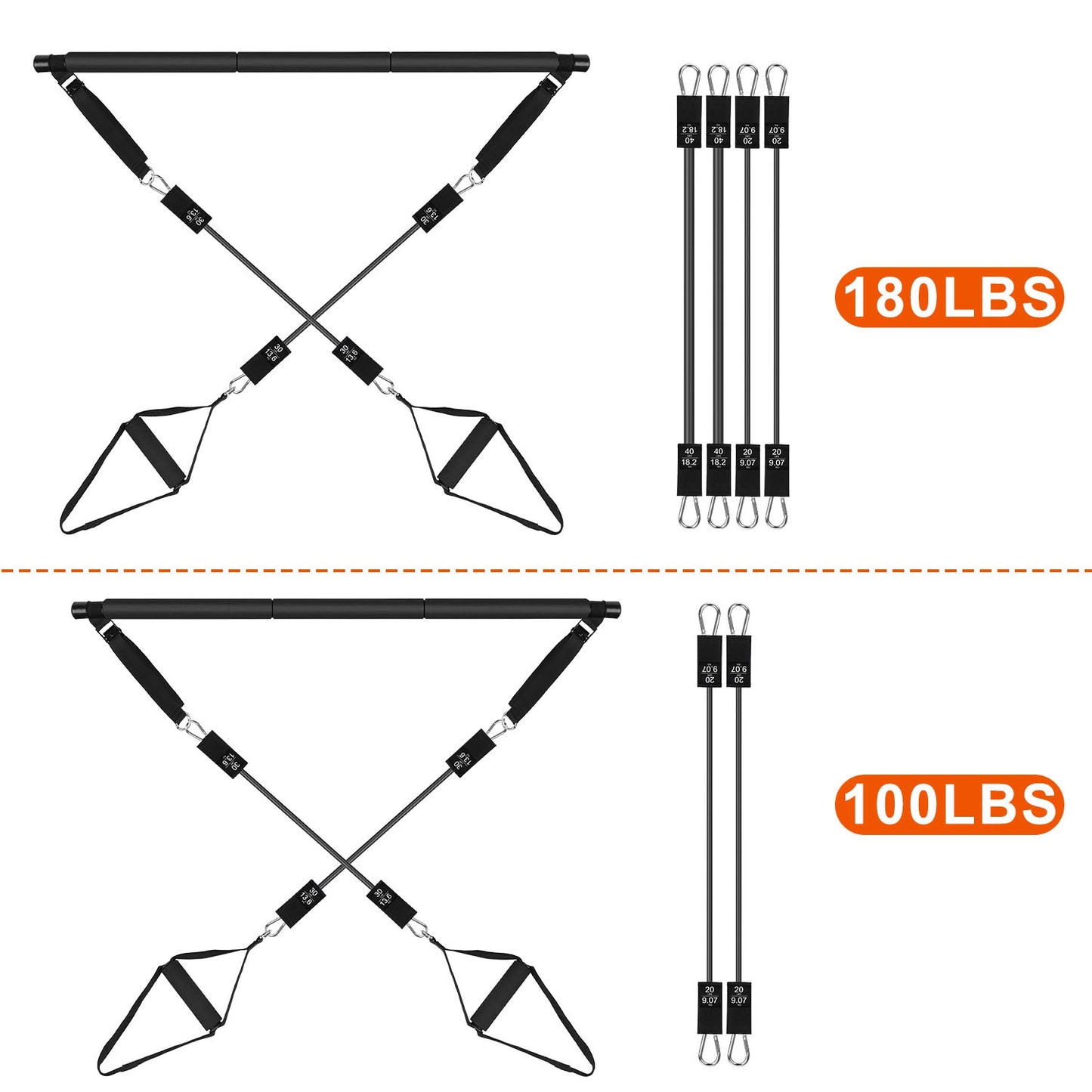 100LBS OR 180LBS Band Options - 1Pc Pilates Bar Kit Multifunctional Pilates Yoga Toning Bar Full Body Exercise Equipment Set For Beginners Intermediates Professionals 4 Elastic Resistance Bands