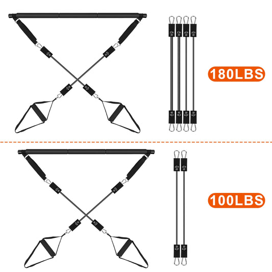 100LBS OR 180LBS Band Options - 1Pc Pilates Bar Kit Multifunctional Pilates Yoga Toning Bar Full Body Exercise Equipment Set For Beginners Intermediates Professionals 4 Elastic Resistance Bands