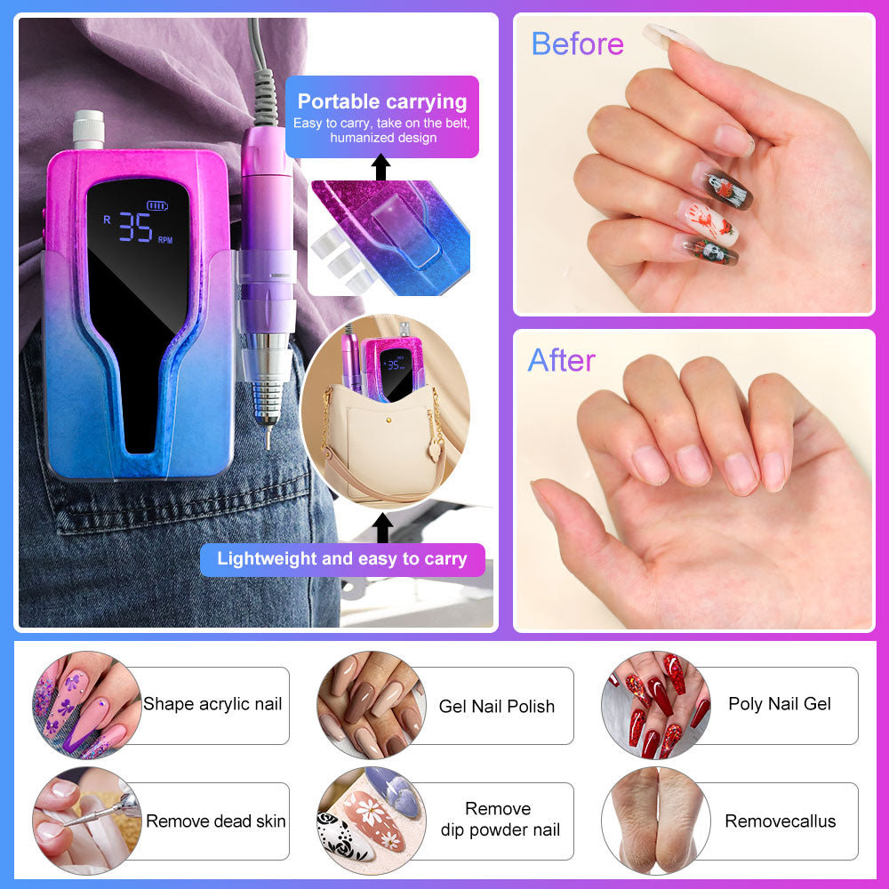 Professional Electric Nail Drill, 45000 RPM Cordless Rechargeable E-File Machine, With 12 Bits, Sanding Bands, LCD Display For Acrylic Gel Nails