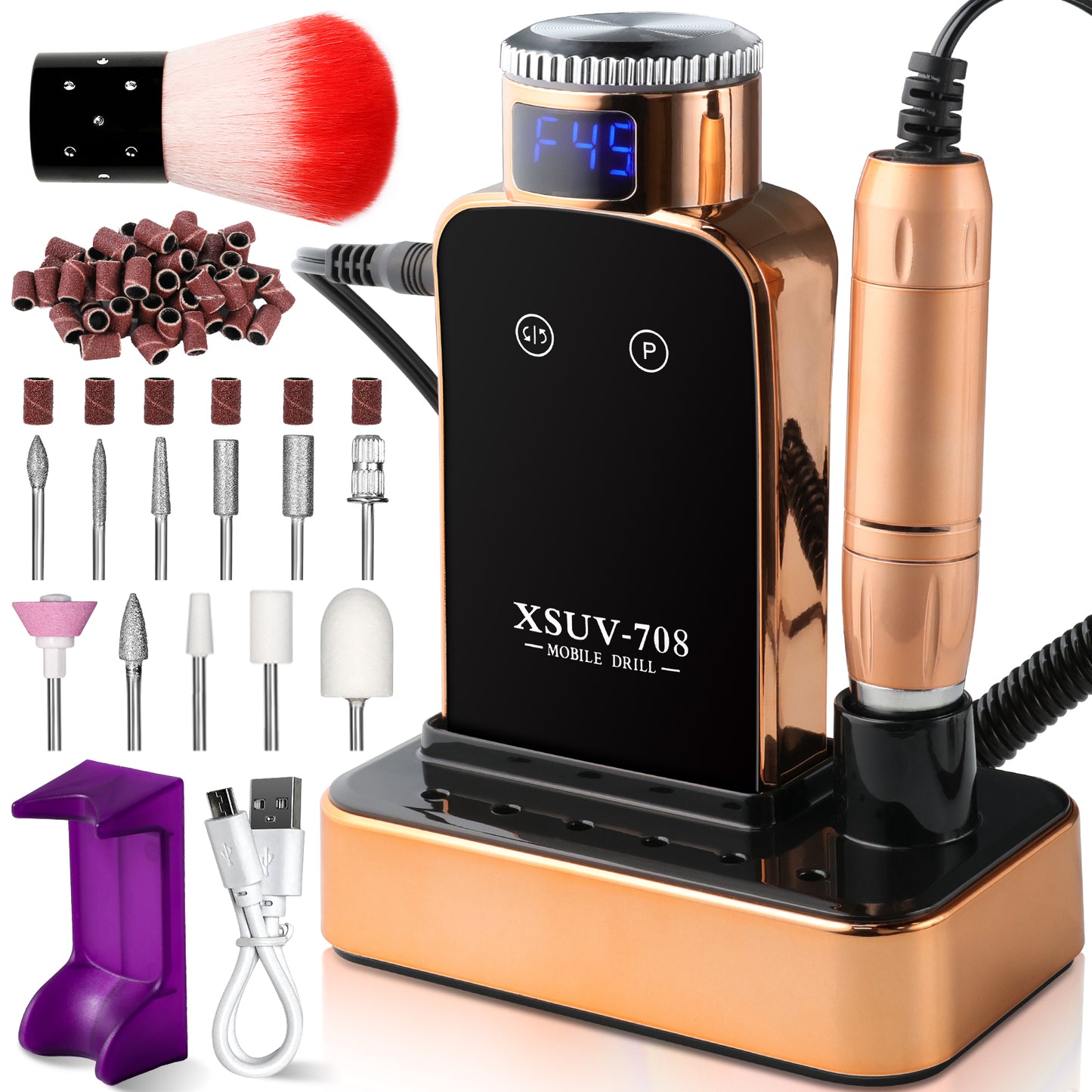 Professional Electric Nail Drill, 45000 RPM Cordless Rechargeable E-File Machine, With 12 Bits, Sanding Bands, LCD Display For Acrylic Gel Nails