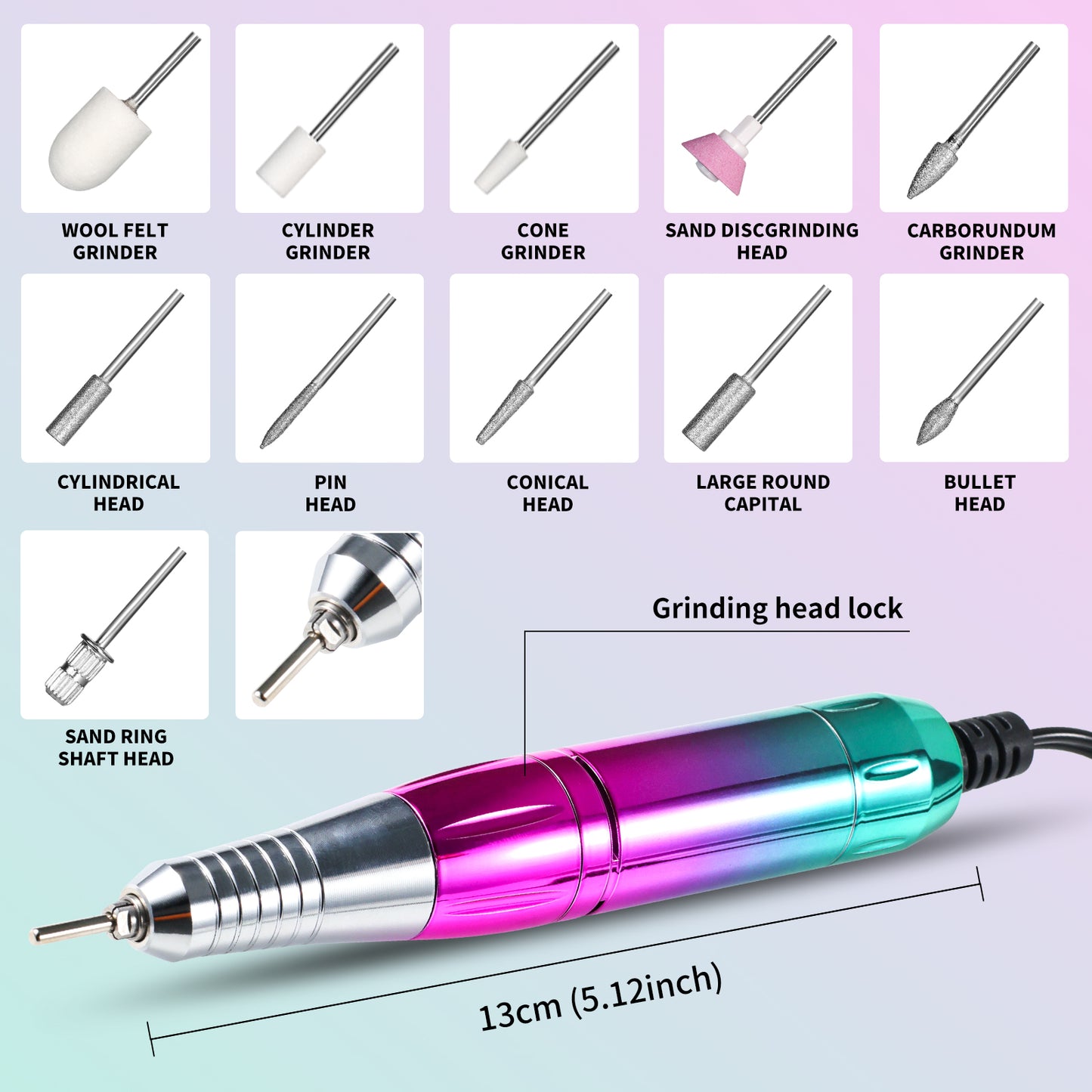 Professional Electric Nail Drill, 45000 RPM Cordless Rechargeable E-File Machine, With 12 Bits, Sanding Bands, LCD Display For Acrylic Gel Nails