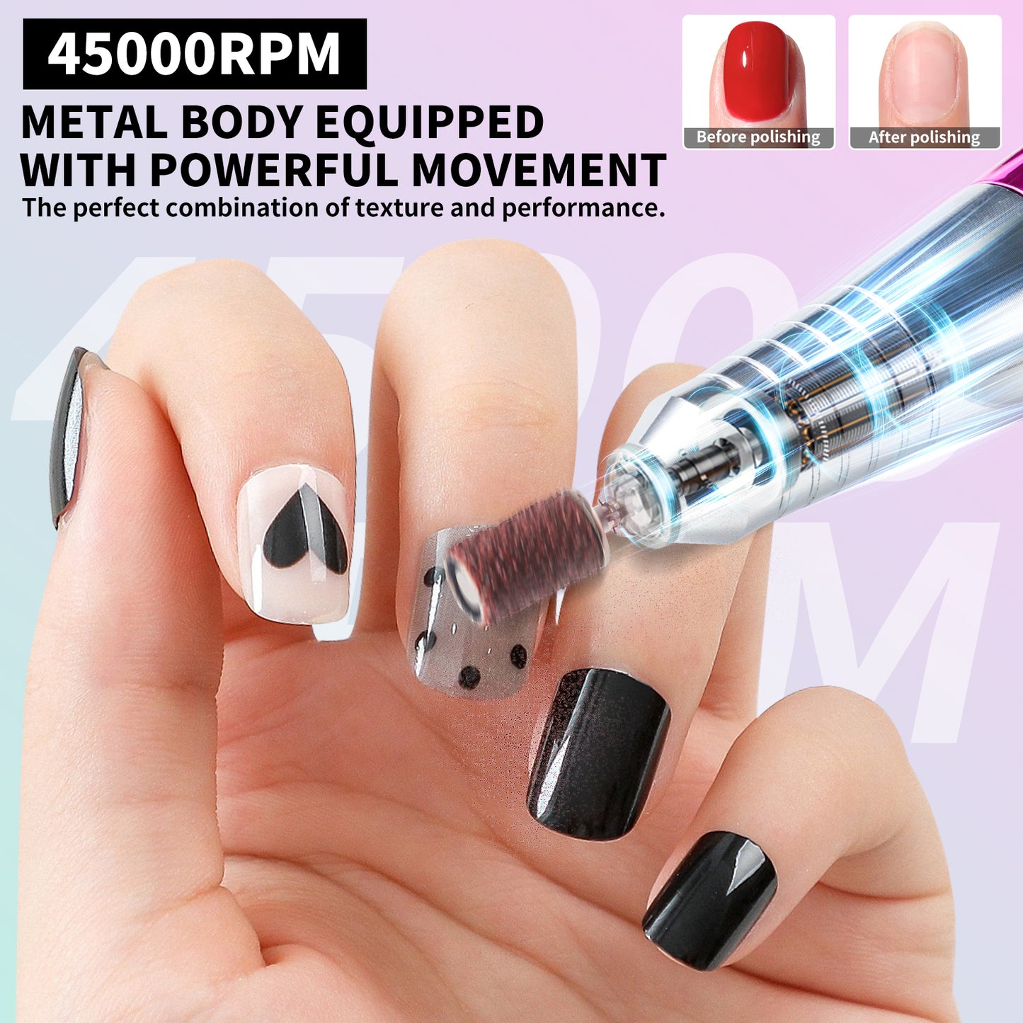 Professional Electric Nail Drill, 45000 RPM Cordless Rechargeable E-File Machine, With 12 Bits, Sanding Bands, LCD Display For Acrylic Gel Nails