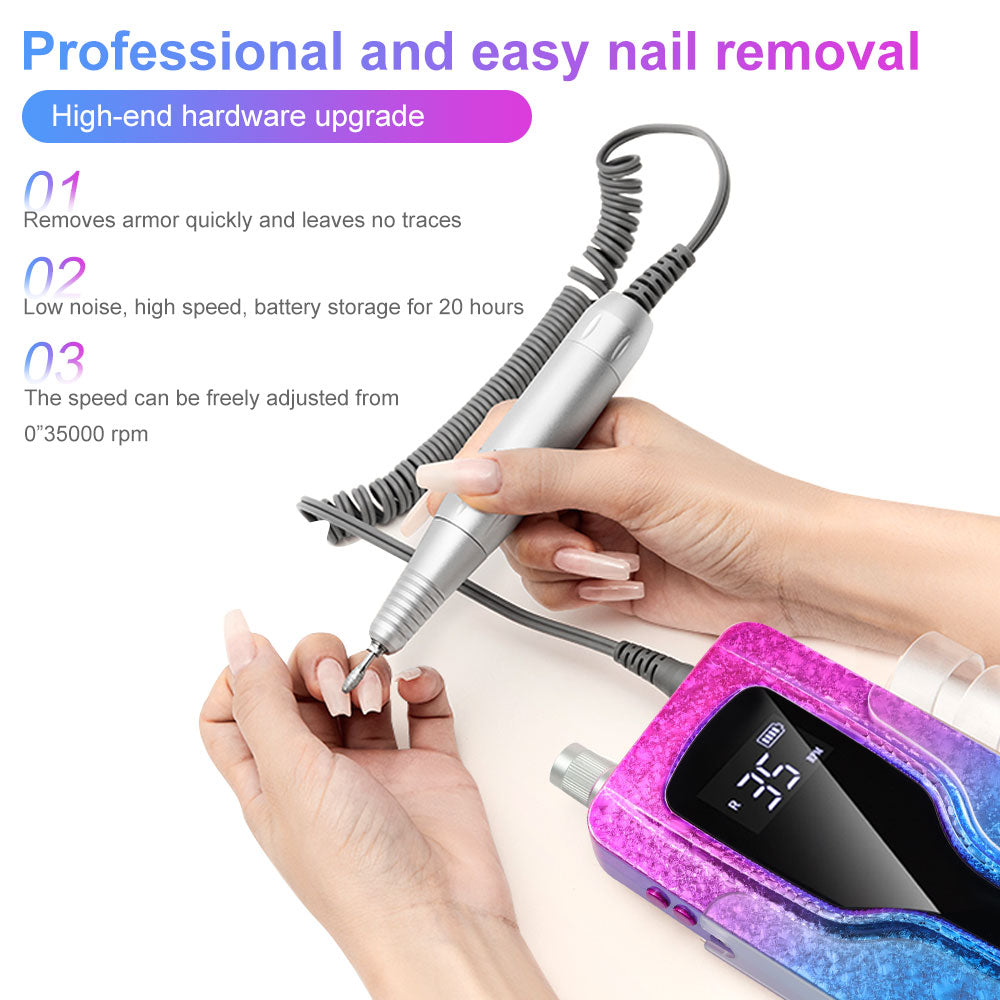 Professional Electric Nail Drill, 45000 RPM Cordless Rechargeable E-File Machine, With 12 Bits, Sanding Bands, LCD Display For Acrylic Gel Nails