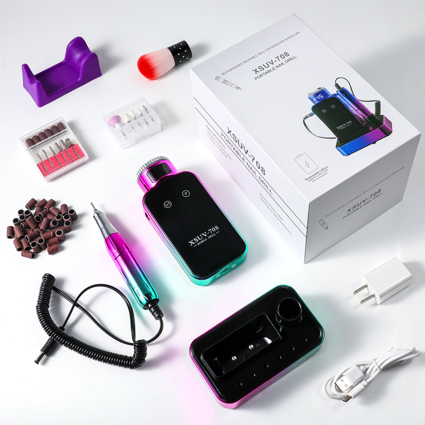 Professional Electric Nail Drill, 45000 RPM Cordless Rechargeable E-File Machine, With 12 Bits, Sanding Bands, LCD Display For Acrylic Gel Nails