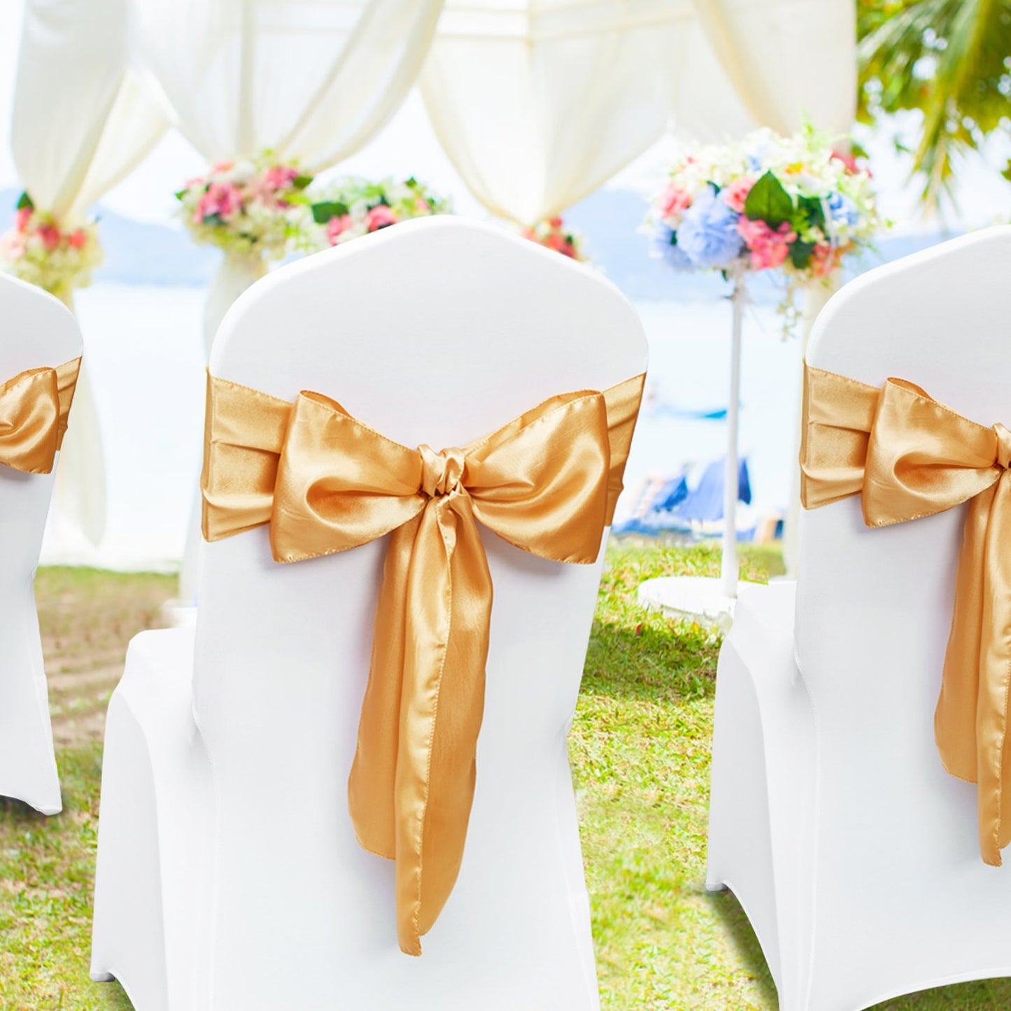 Stretch Spandex Chair Sashes Bows, Chair Slipcover And Stretch Chair Sash, Elastic Chair Bands, Fitting Wedding, Holiday, Banquet, Party, Celebration Chair Decoration (50 PCS Gold)