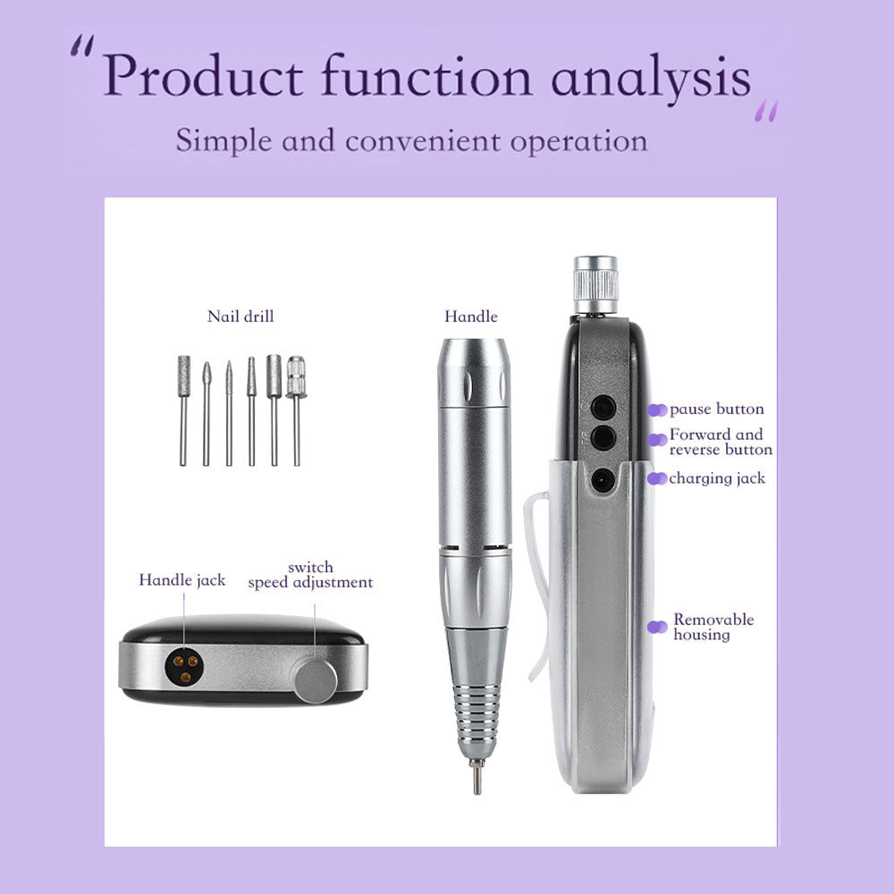 Professional Electric Nail Drill, 45000 RPM Cordless Rechargeable E-File Machine, With 12 Bits, Sanding Bands, LCD Display For Acrylic Gel Nails