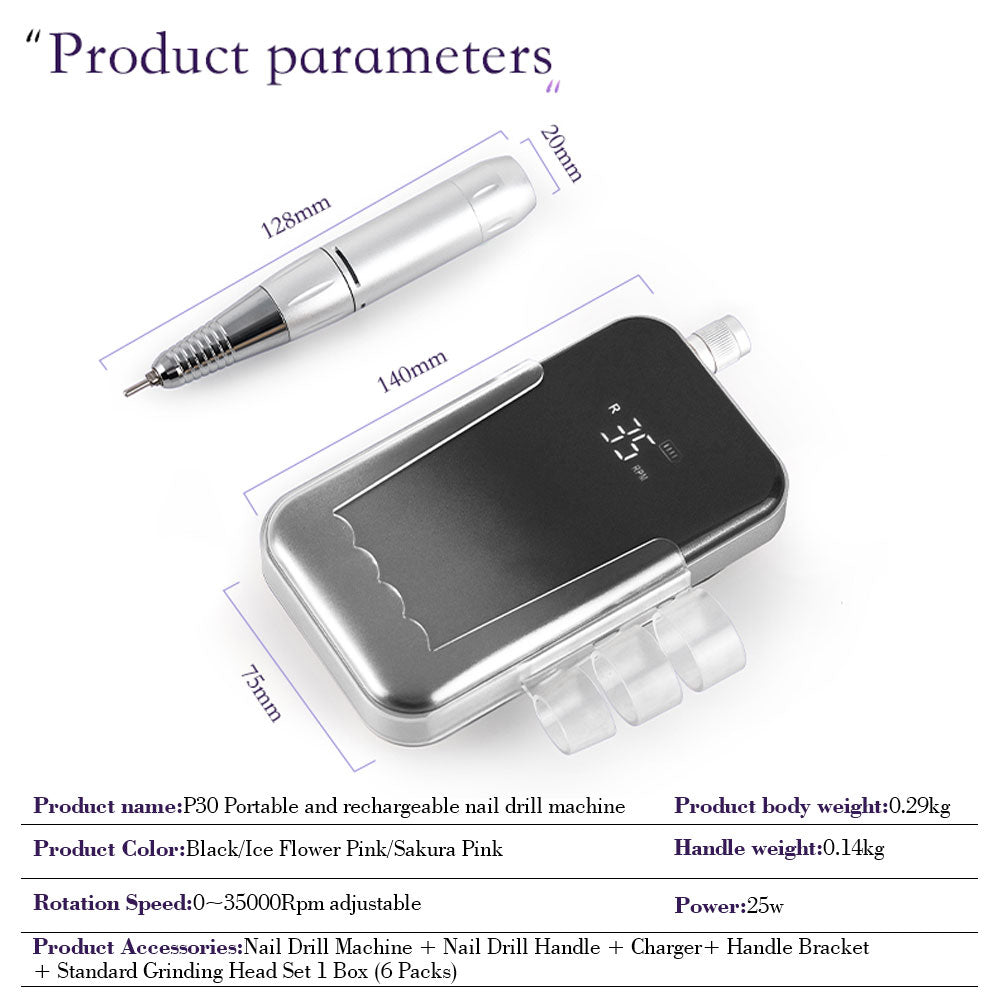 Professional Electric Nail Drill, 45000 RPM Cordless Rechargeable E-File Machine, With 12 Bits, Sanding Bands, LCD Display For Acrylic Gel Nails