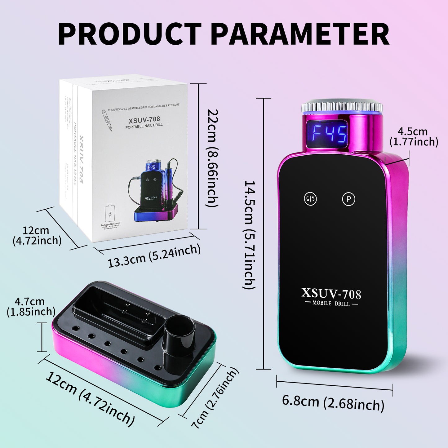 Professional Electric Nail Drill, 45000 RPM Cordless Rechargeable E-File Machine, With 12 Bits, Sanding Bands, LCD Display For Acrylic Gel Nails