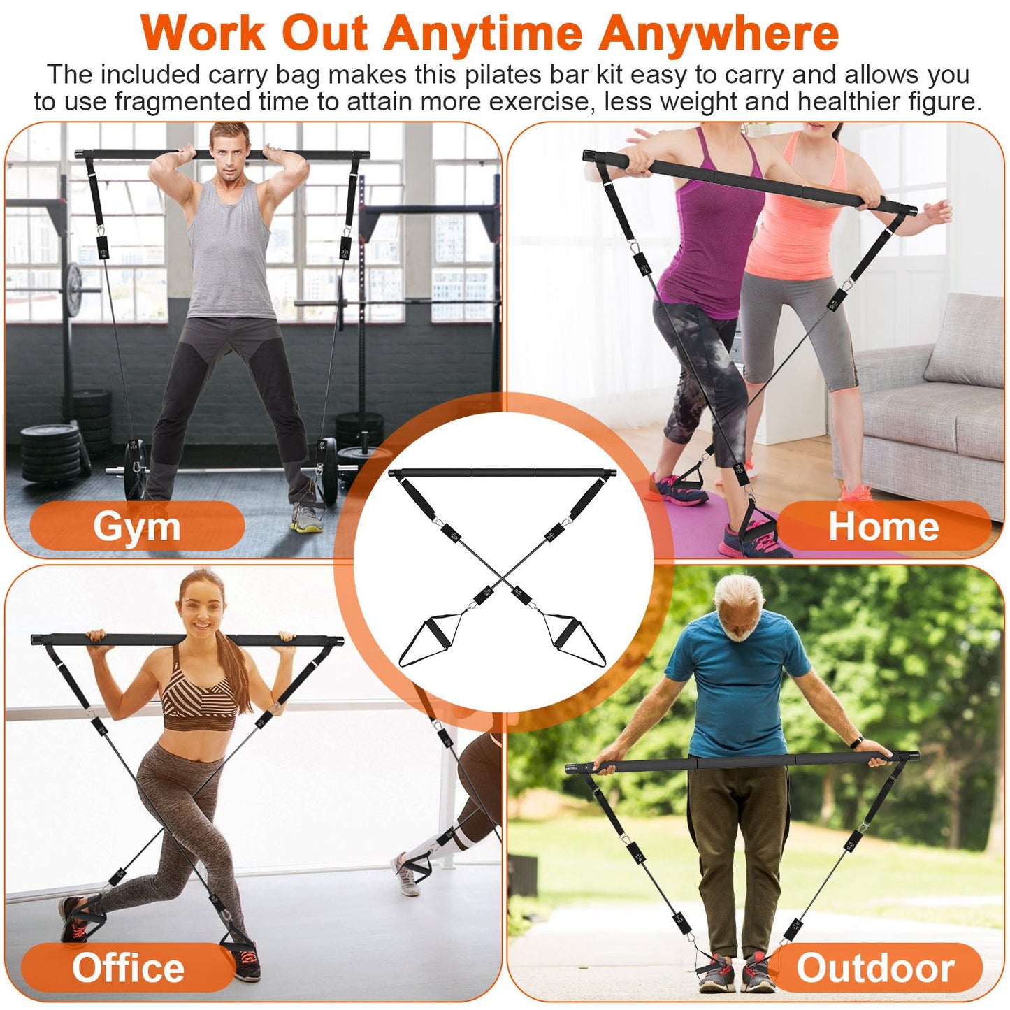 100LBS OR 180LBS Band Options - 1Pc Pilates Bar Kit Multifunctional Pilates Yoga Toning Bar Full Body Exercise Equipment Set For Beginners Intermediates Professionals 4 Elastic Resistance Bands